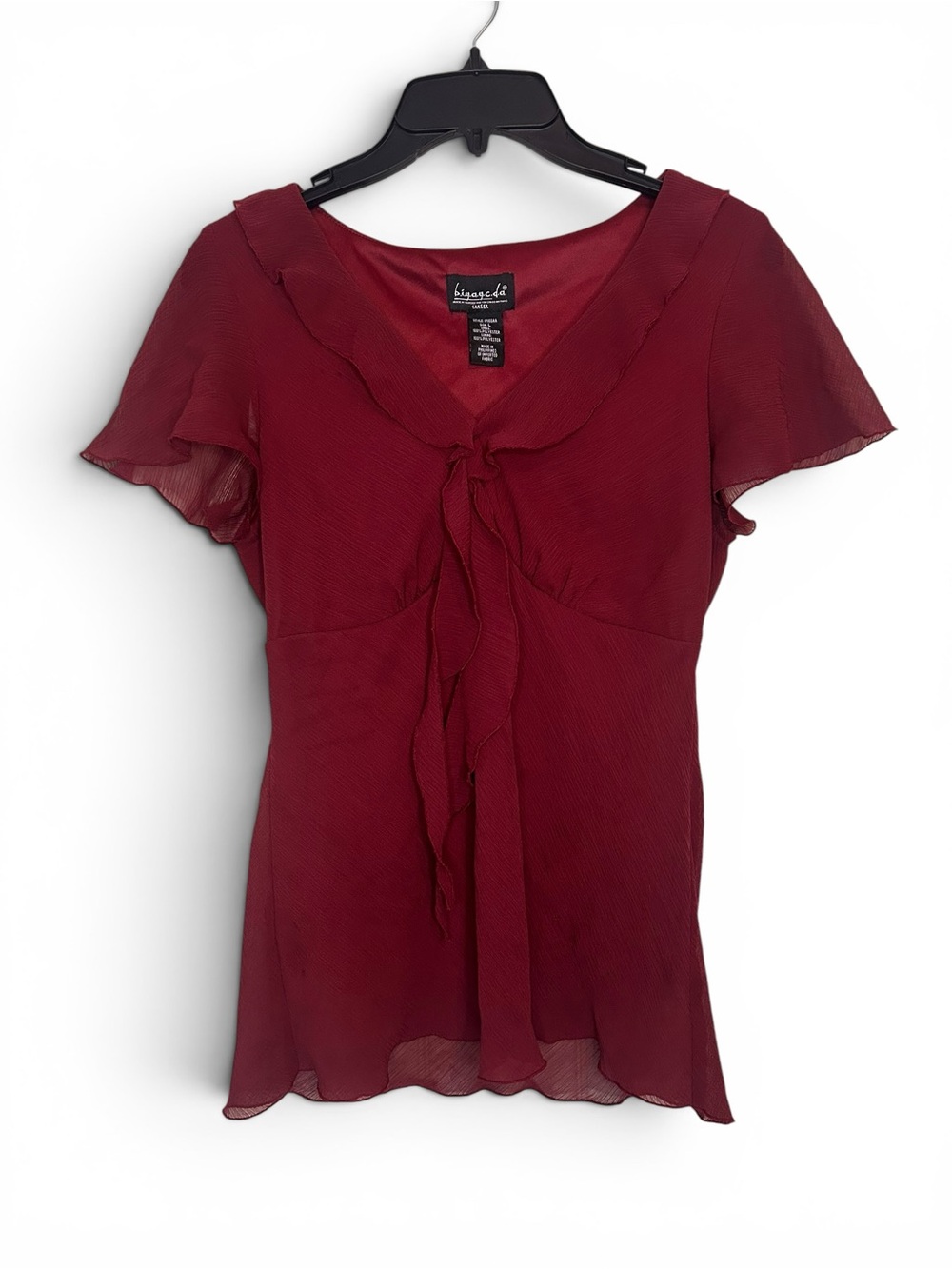Bisou Bisou Deep Red Ruffled Tie-Front Short Sleeve Blouse